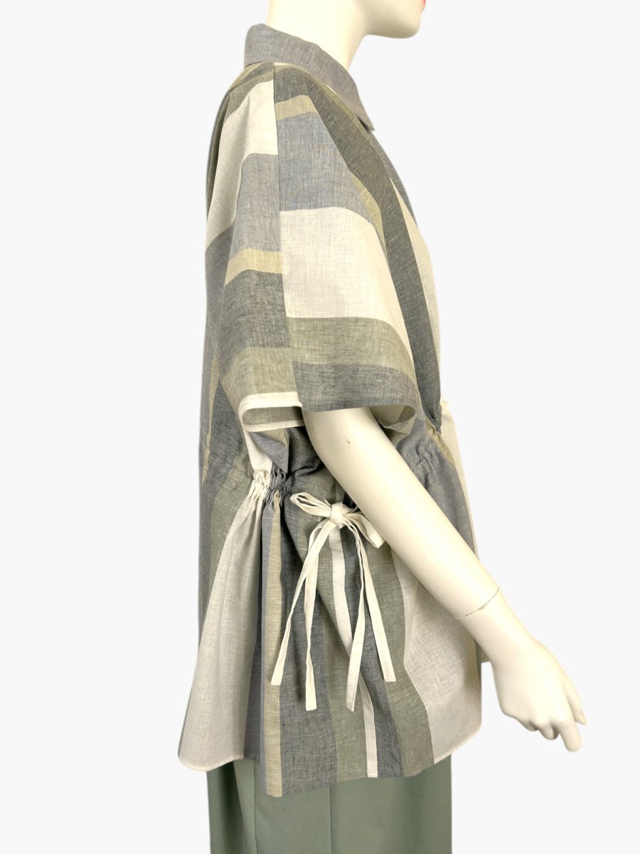 画像2: フレンチリネン混ストライプ ギャザーブラウス  (2)