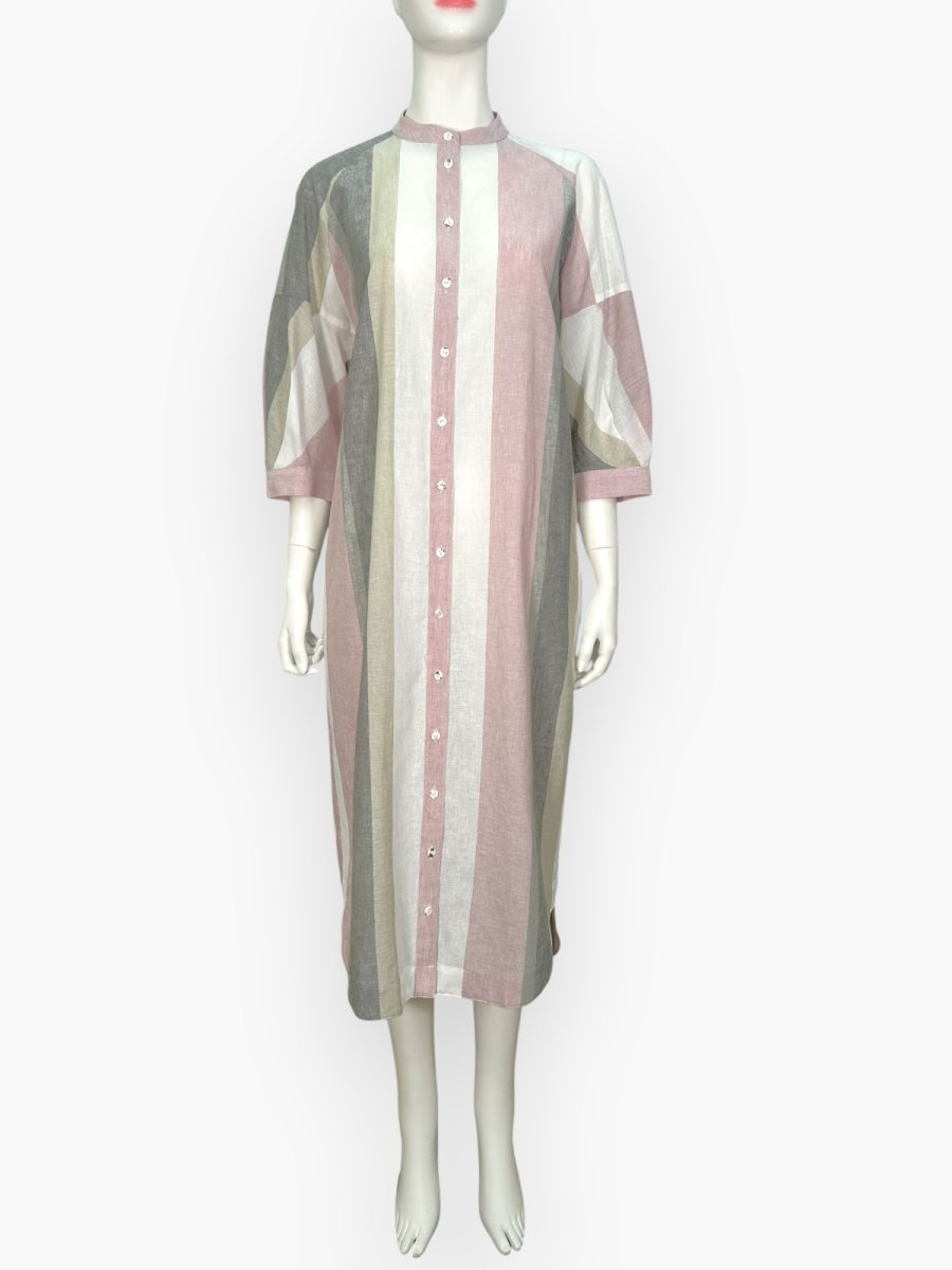 画像1: フレンチリネン混ストライプ　シャツワンピース  (1)
