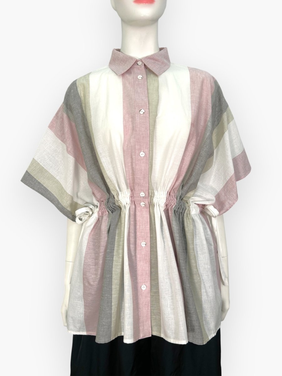 画像1: フレンチリネン混ストライプ　ギャザーブラウス  (1)